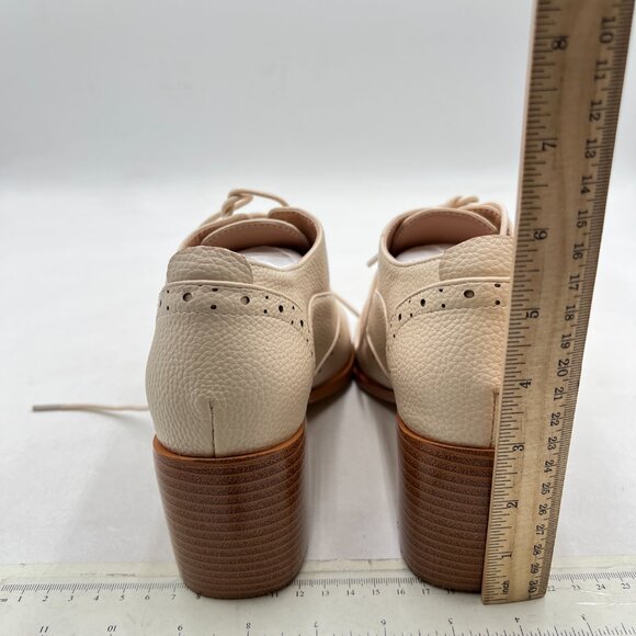 FOWT Beige Perforated Lace-Up Oxfords Almond Toe Mid Chunky Heel Brogues Shoes - Picture 5 of 8